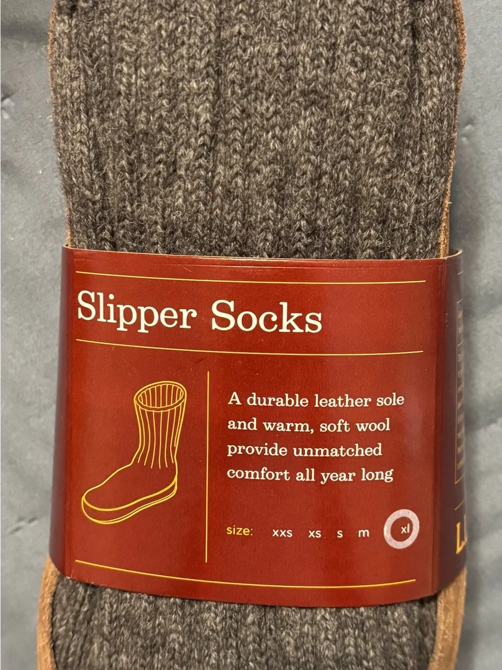 L.L. Bean Brown Wool Slipper Socks with Leather Sole